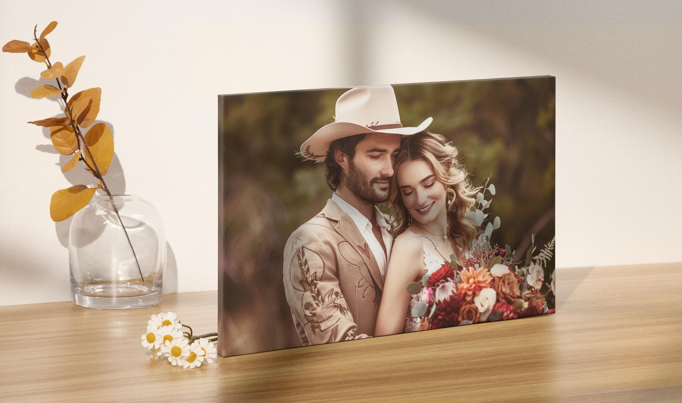 Gallery-wrapped canvas of a wedding portrait on a home wall