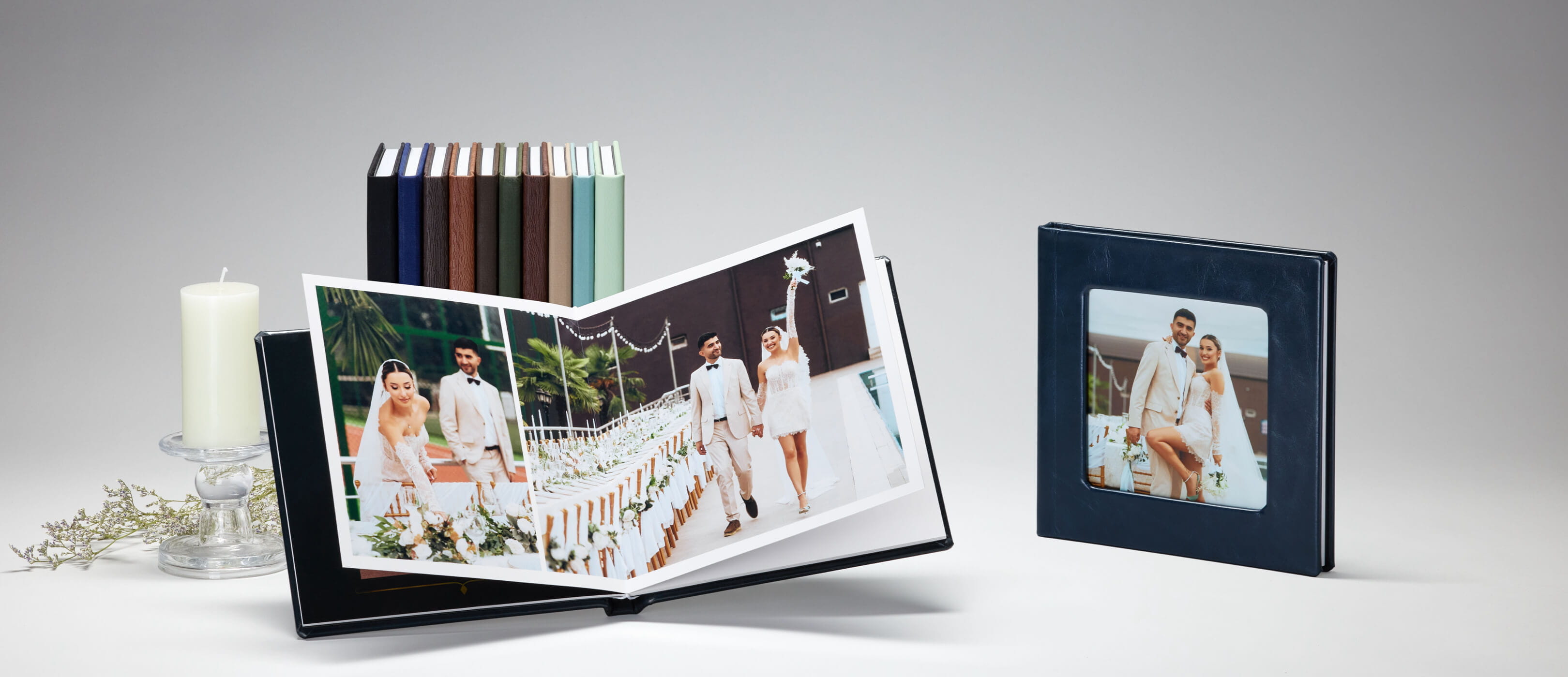 Close view of layflat photo book pages showing archival print quality