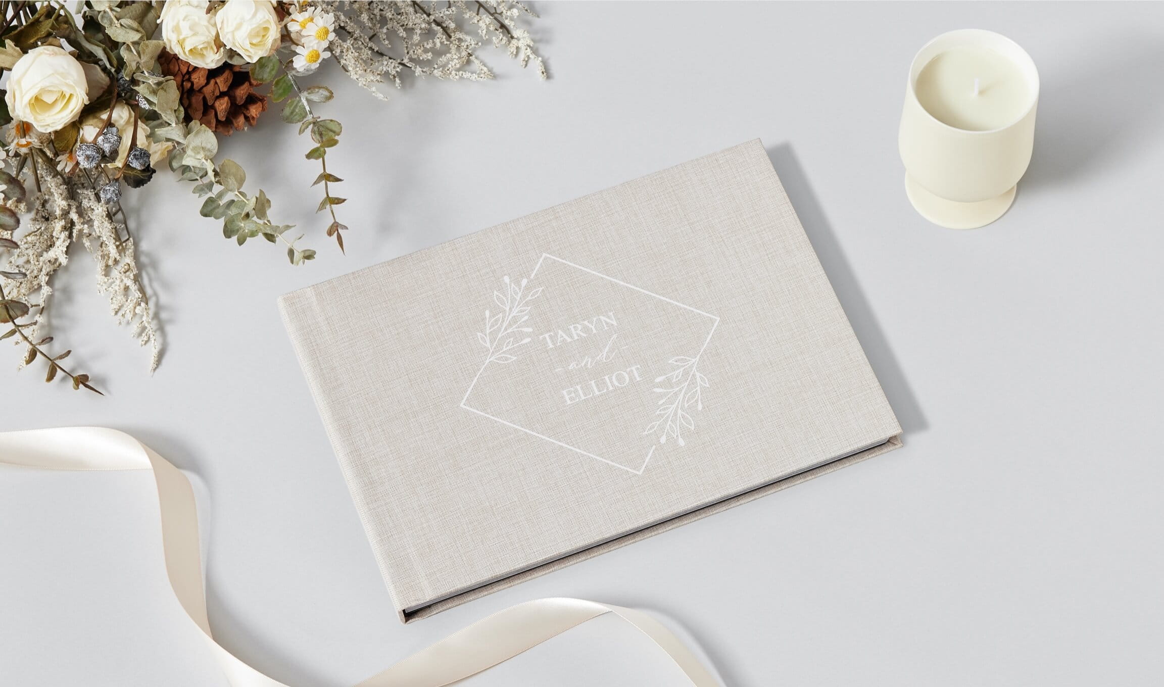 Fine-linen wedding album cover with custom debossed monogram